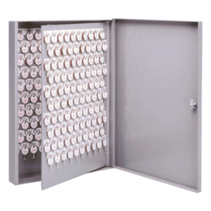 Open metal cabinet holding numerous numbered key tags.