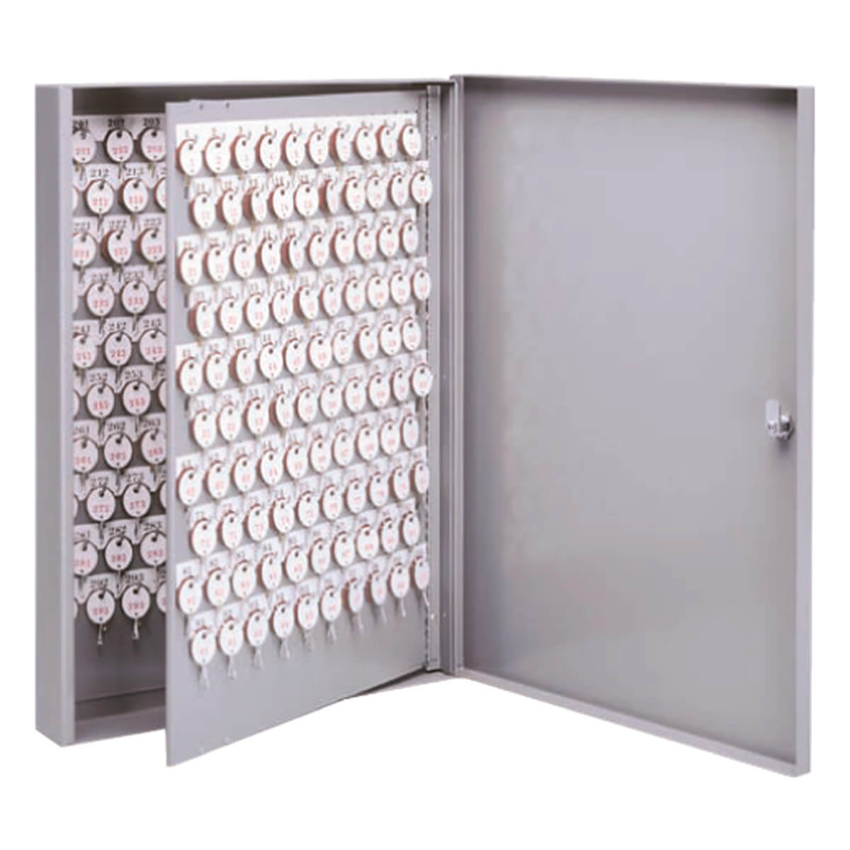 Open key cabinet displaying numerous organized key rings.