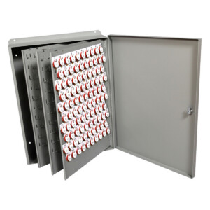 Security cabinet with numbered key hangers displayed inside.
