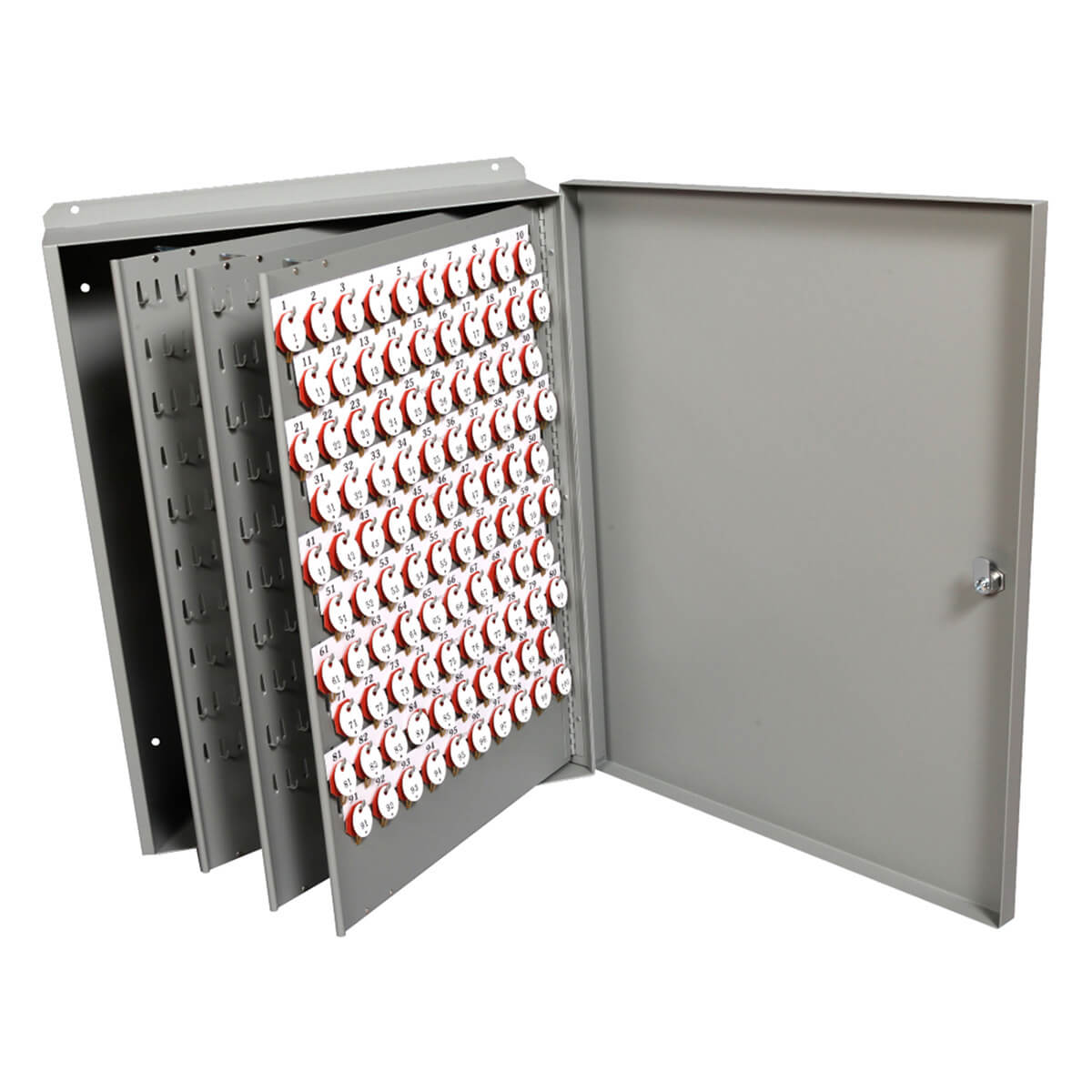 Security cabinet with numbered key hangers displayed inside.