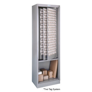 Tall metal cabinet with organized key storage.
