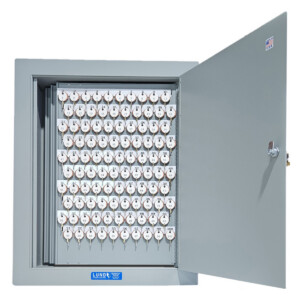 Security cabinet with organized, numbered keys inside.