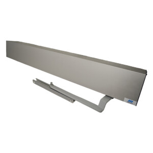 Sleek door closer with arm, mounted on rail.