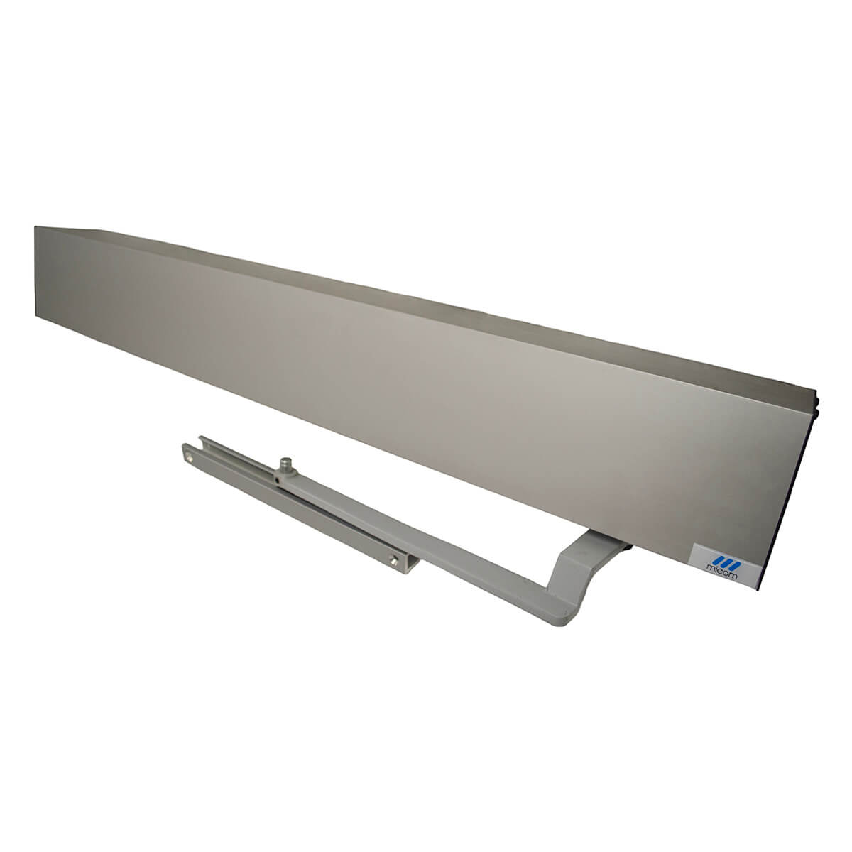 Sleek door closer with arm, mounted on rail.