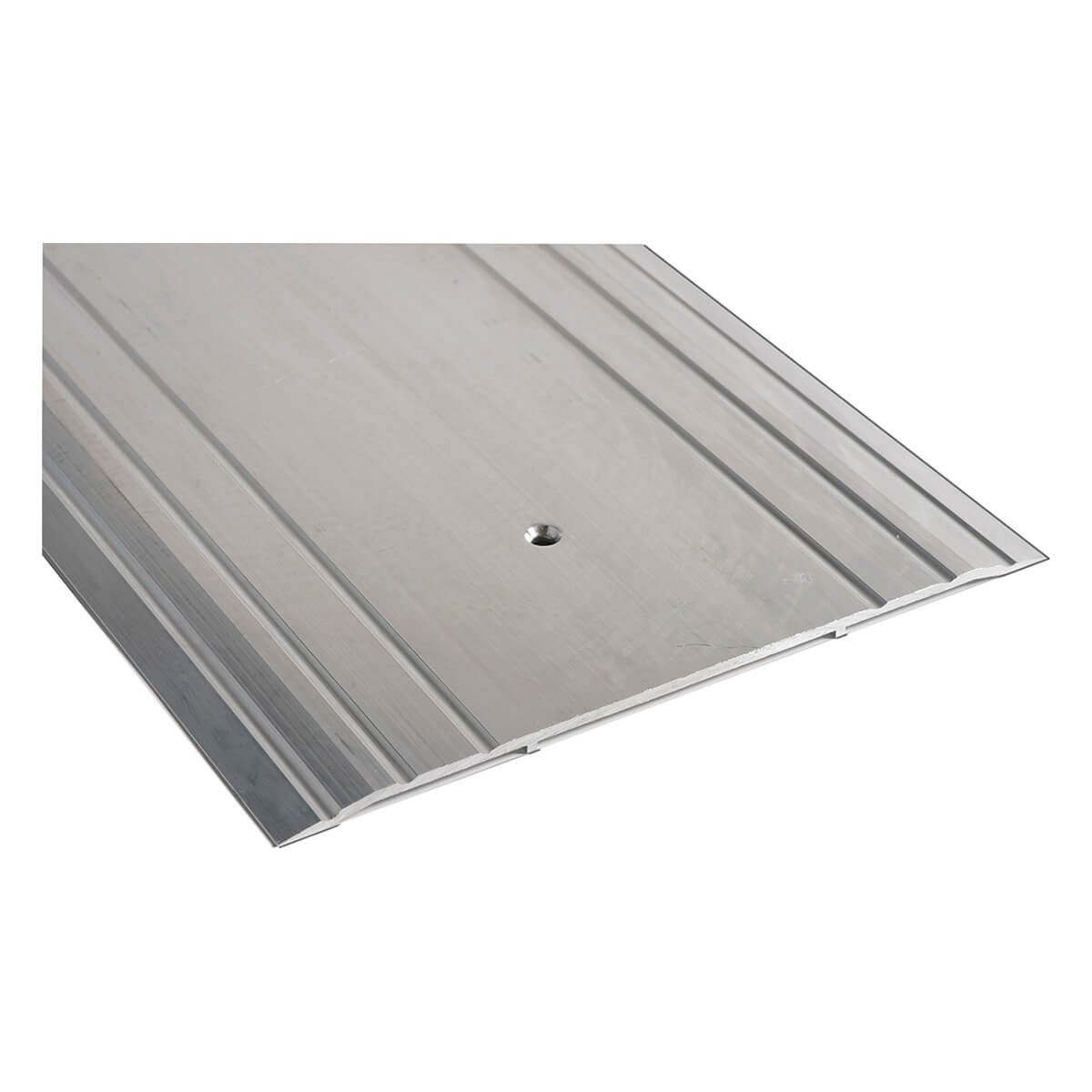 Aluminum threshold plate with grooved surface design.