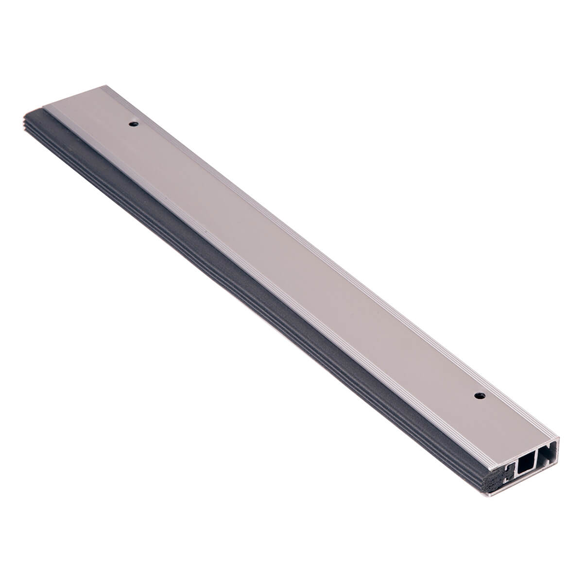 Aluminum door sweep lying on white background.