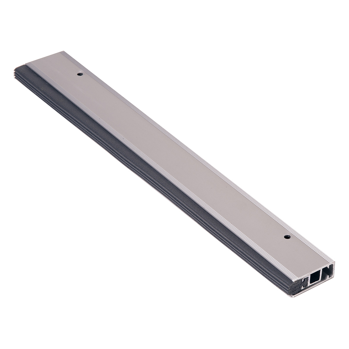 Metallic door threshold bar, angled view.