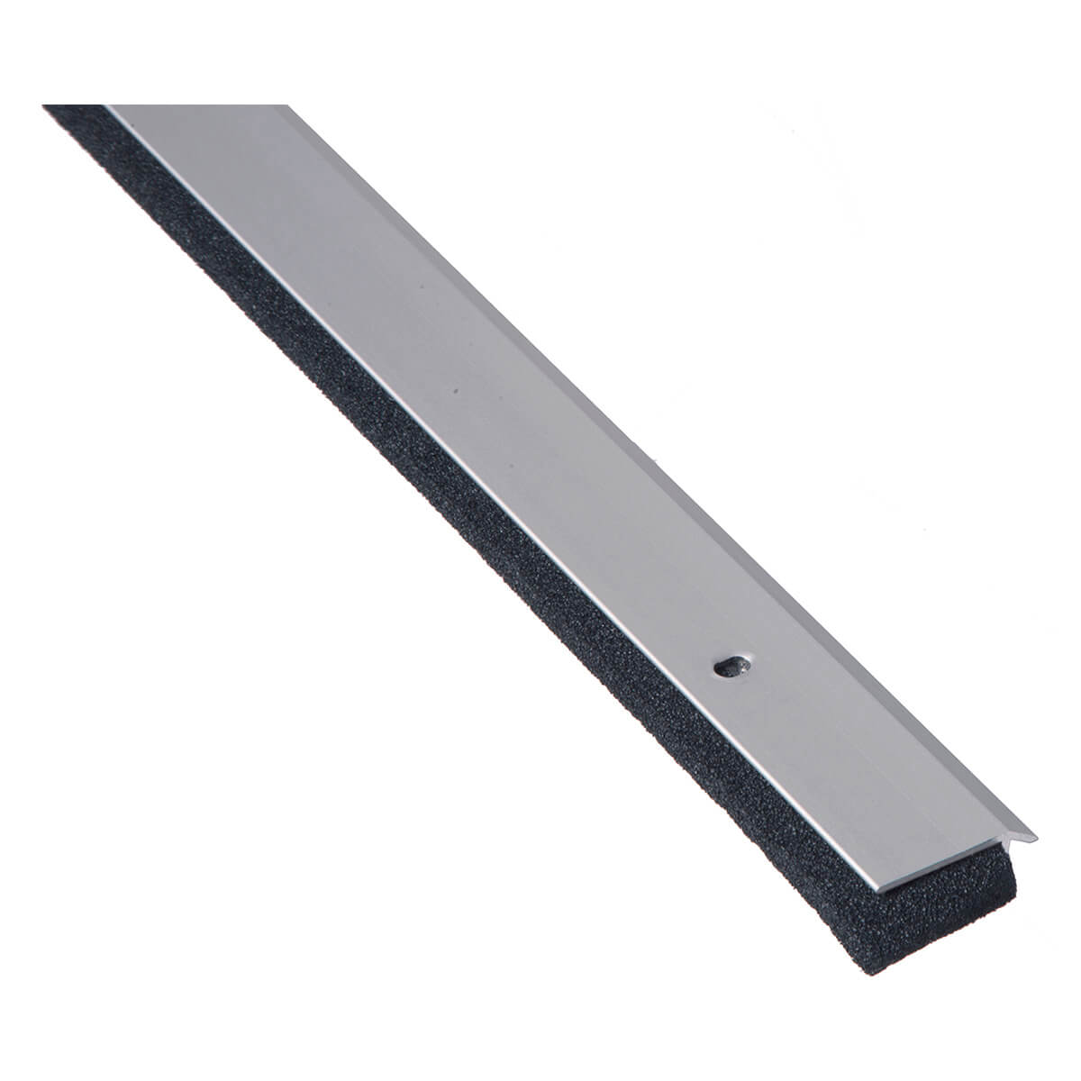 Silver door sweep with black rubber seal.