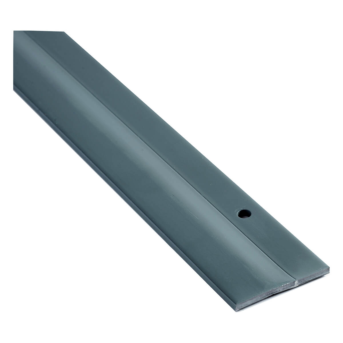 Gray metal strip with pre-drilled hole, angled view.