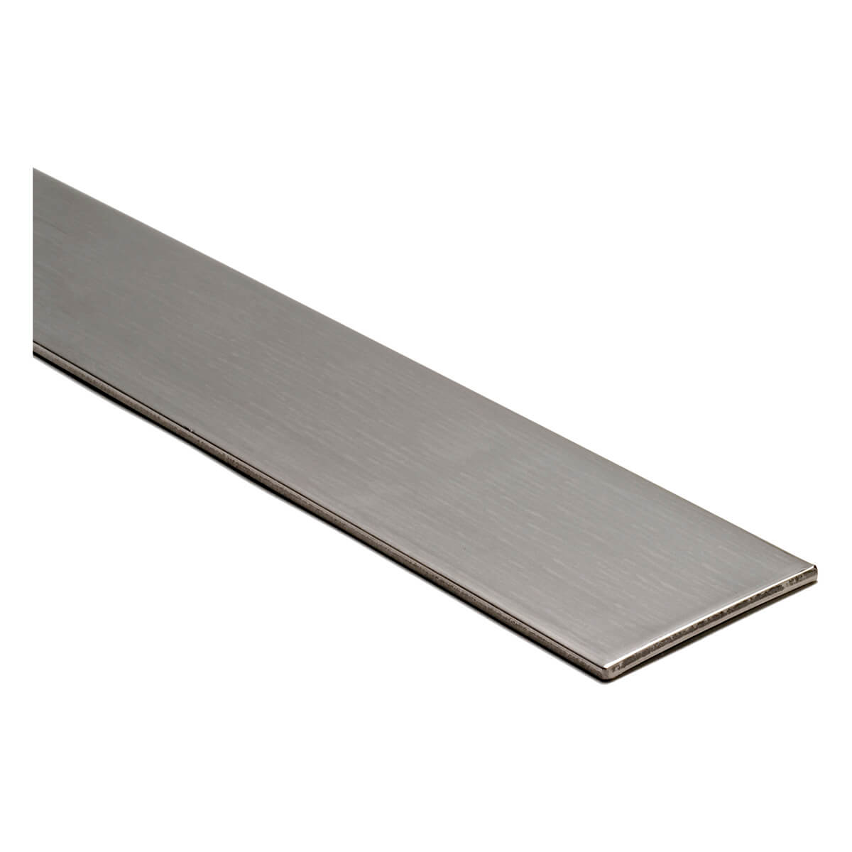 Stainless steel flat bar against white background.
