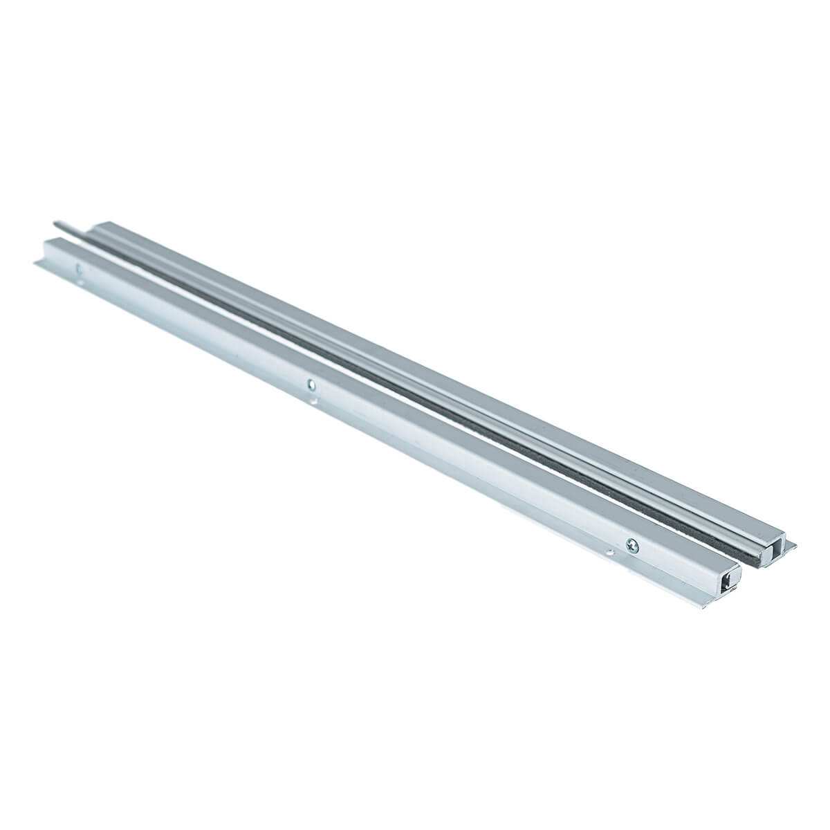 Aluminum door track hardware on white background.