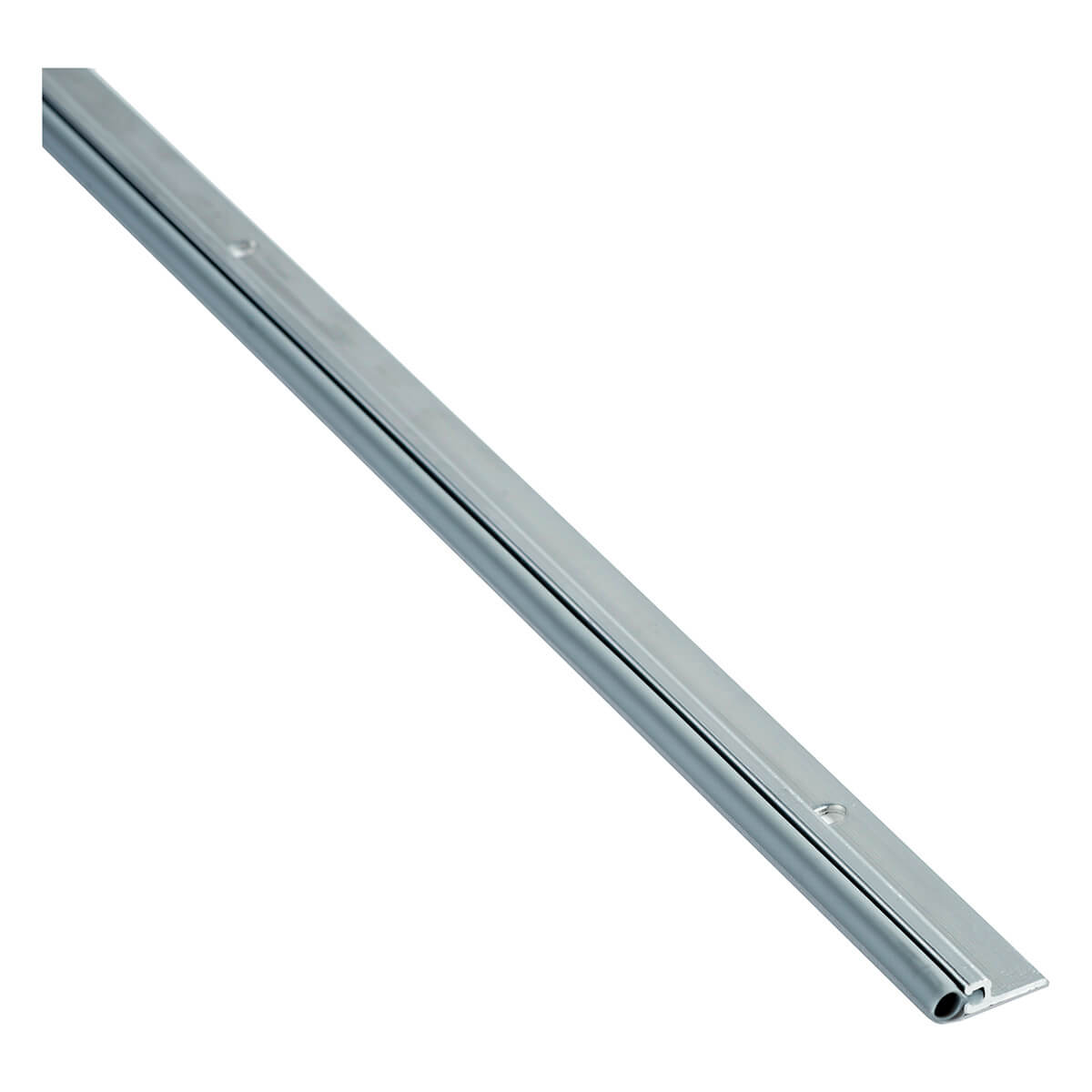 Metal door hardware strip on white background.