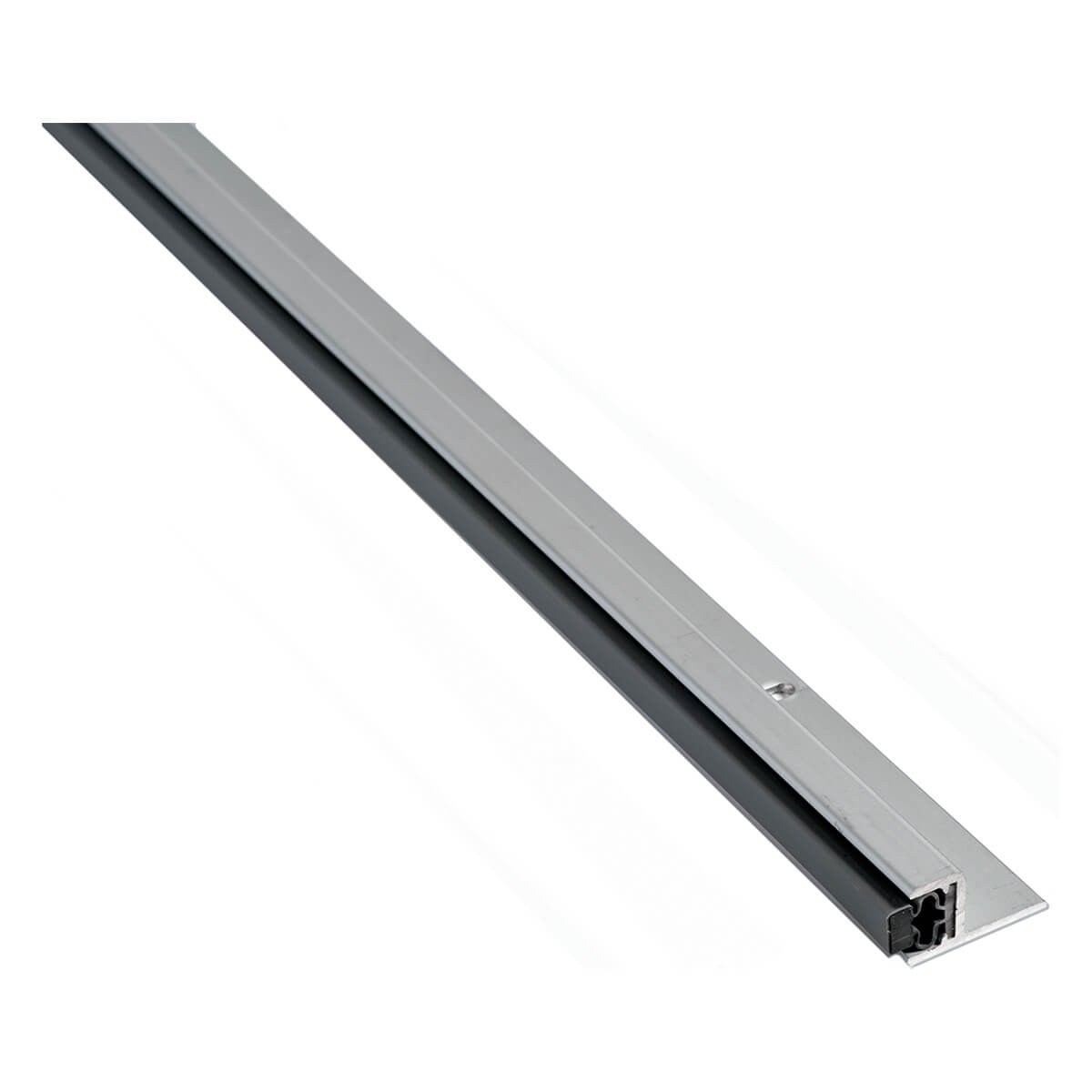 Metal door sweep with black rubber insert.