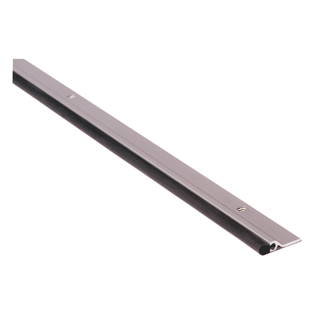 Metal door sweep with rubber weatherseal strip attached.