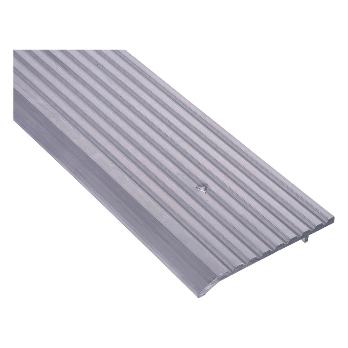 Metal threshold plate with grooves, angled view.
