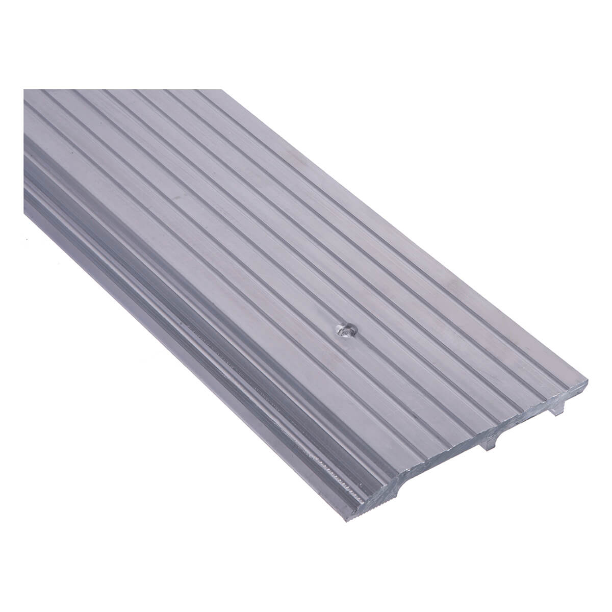 Metal threshold with grooved surface for door security.