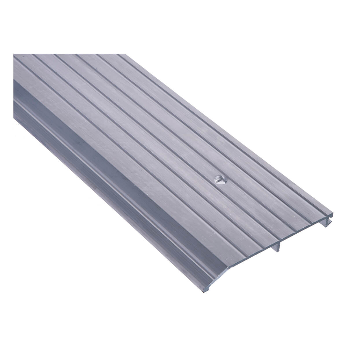 Metal door threshold with grooved surface.