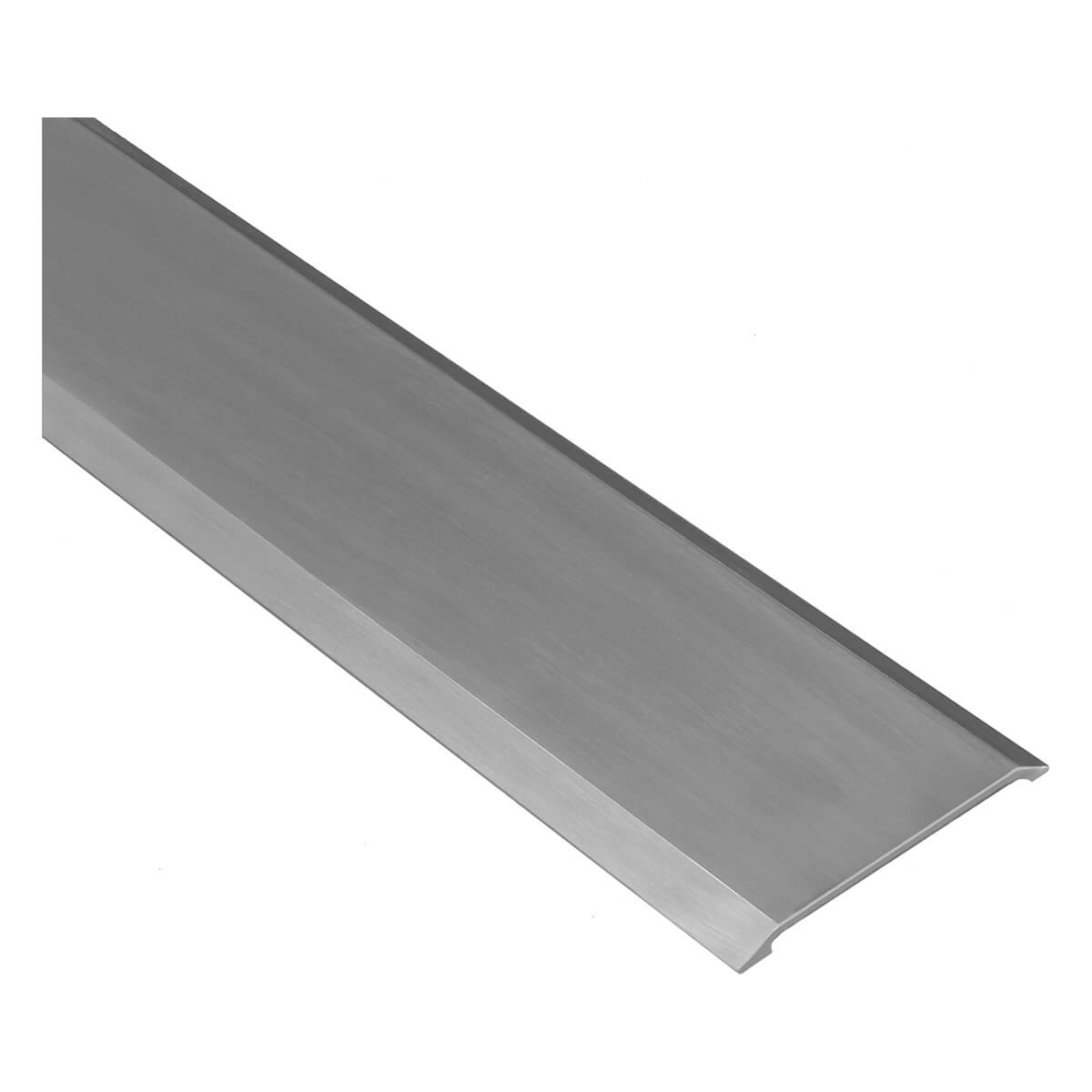 Metal door threshold against white background.