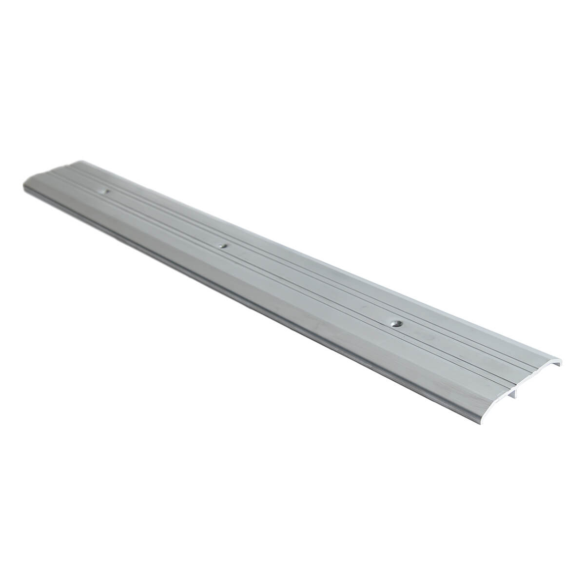 Metal door threshold with screw holes, angled view.