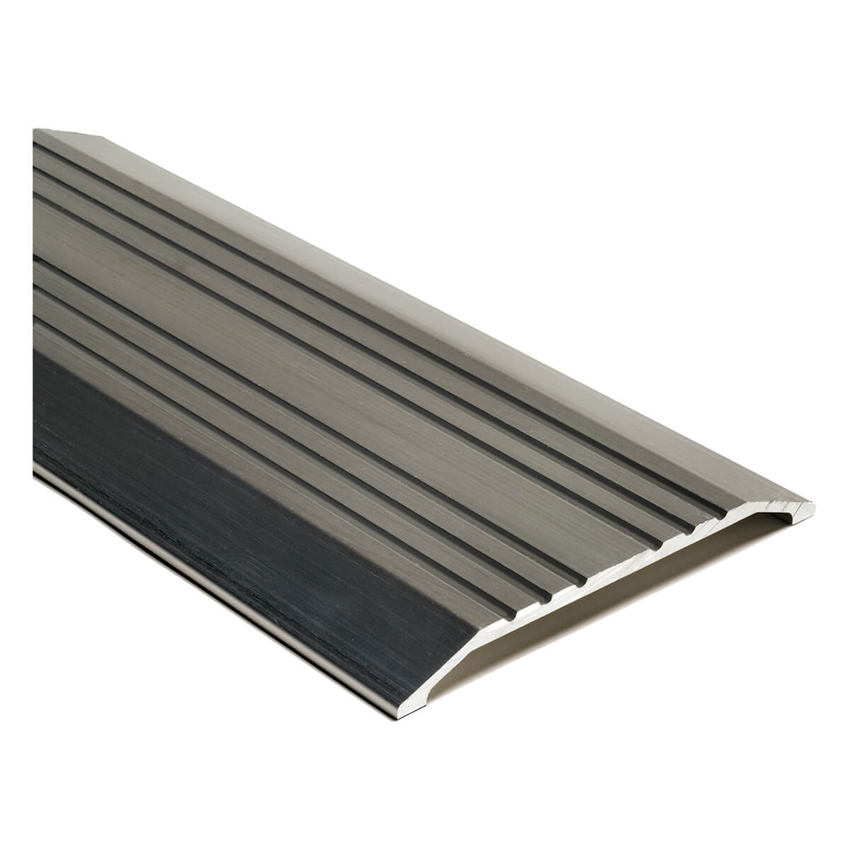 Aluminum door threshold with grooved surface detail.