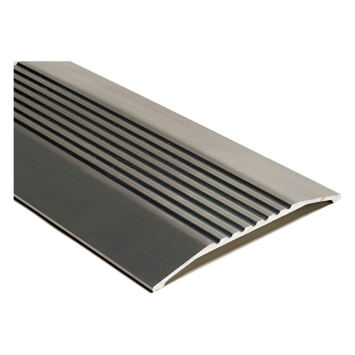 Grooved metal door threshold angled view.