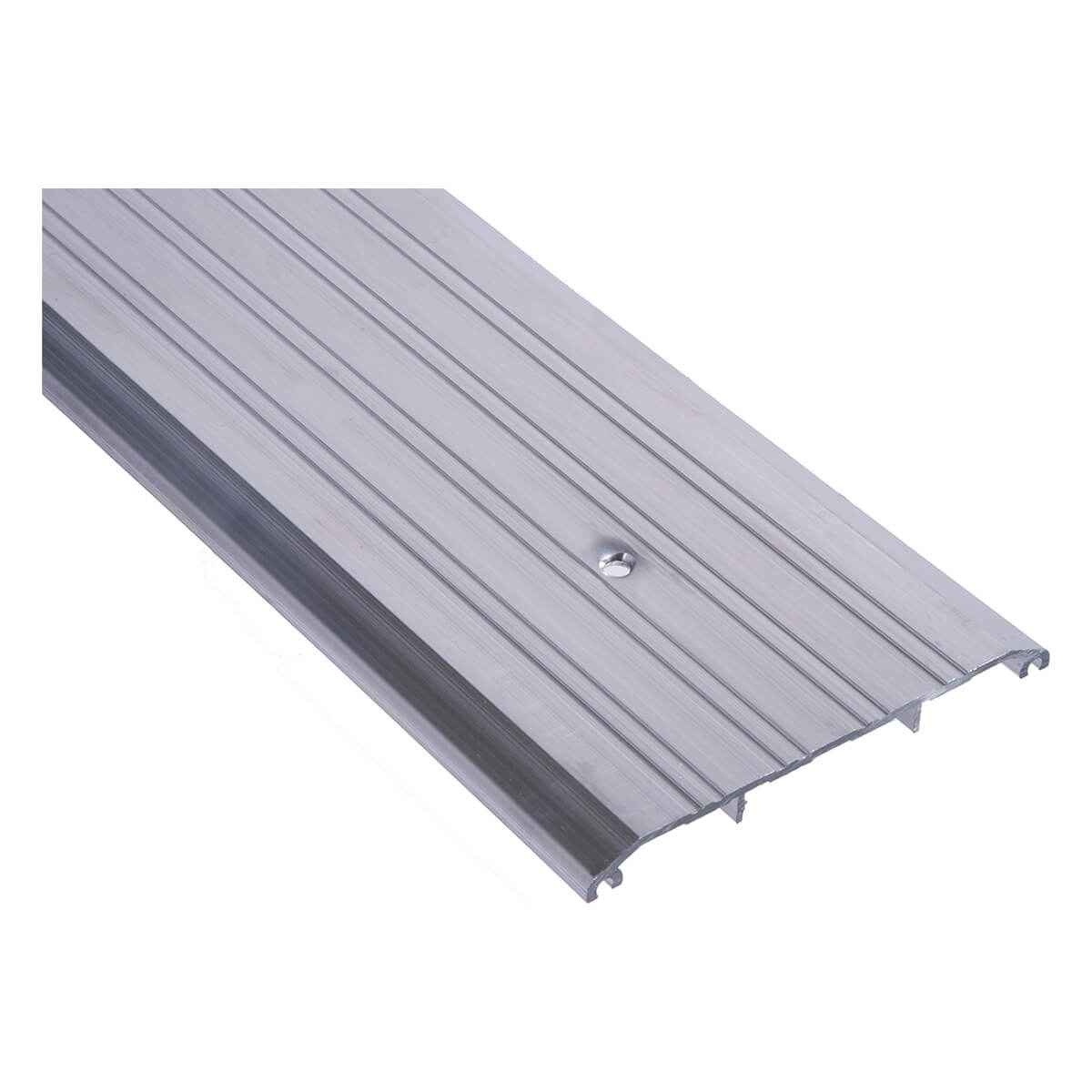 Metal door threshold with grooved surface and screw.