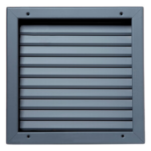 Gray metal vent grille with horizontal slats.