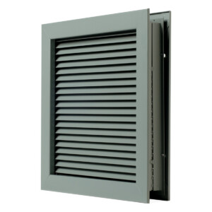 Gray metal louvered vent with adjustable slats.