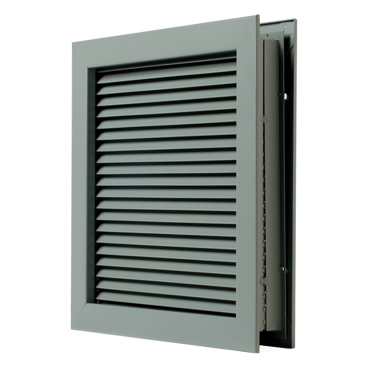 Gray metal louvered vent with adjustable slats.