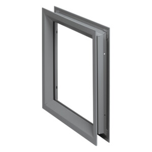 Gray metal door frame, partially open.