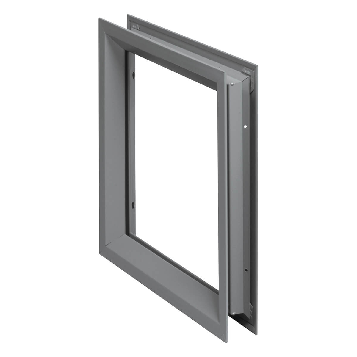 Gray metal wall access panel, partially open.