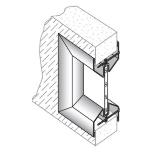 Steel door frame cross-section with anchoring detail.