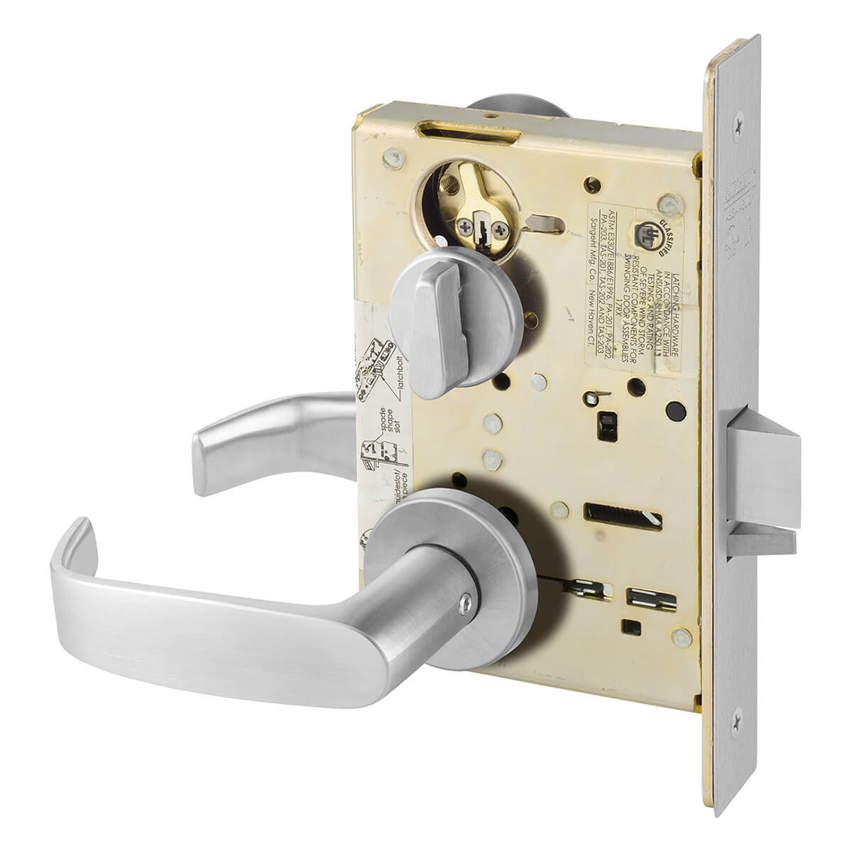 Silver door handle on lock mechanism.