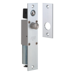 Metallic door bolt with separate mounting plate.