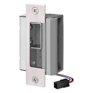 Electric door strike with exposed wiring connector.