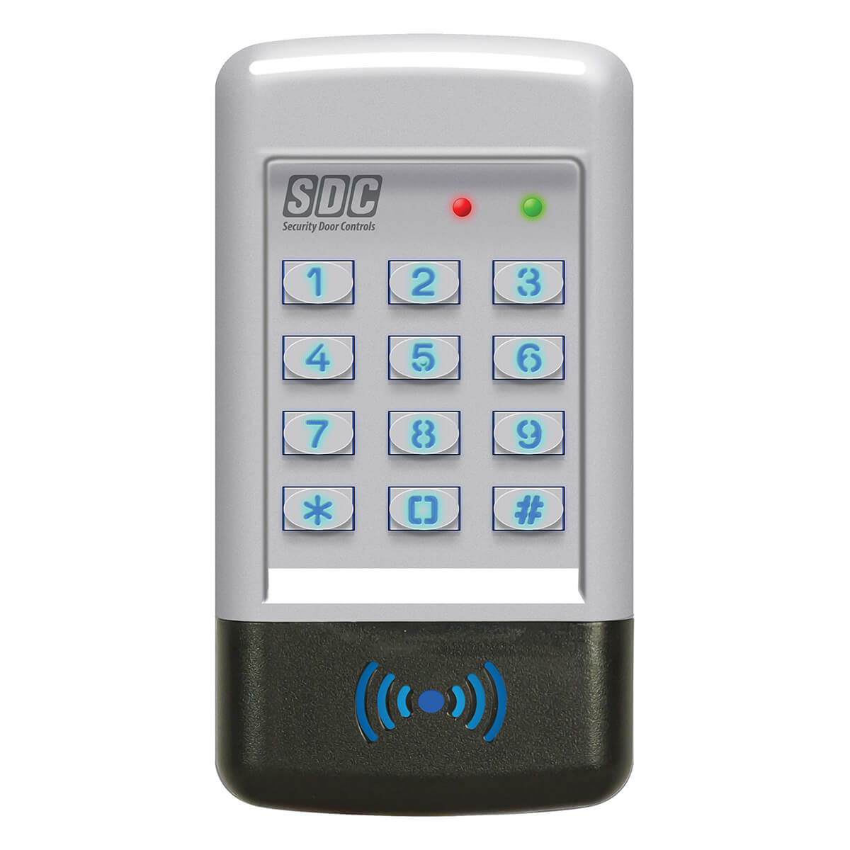 Keypad for security door access with lights illuminated.
