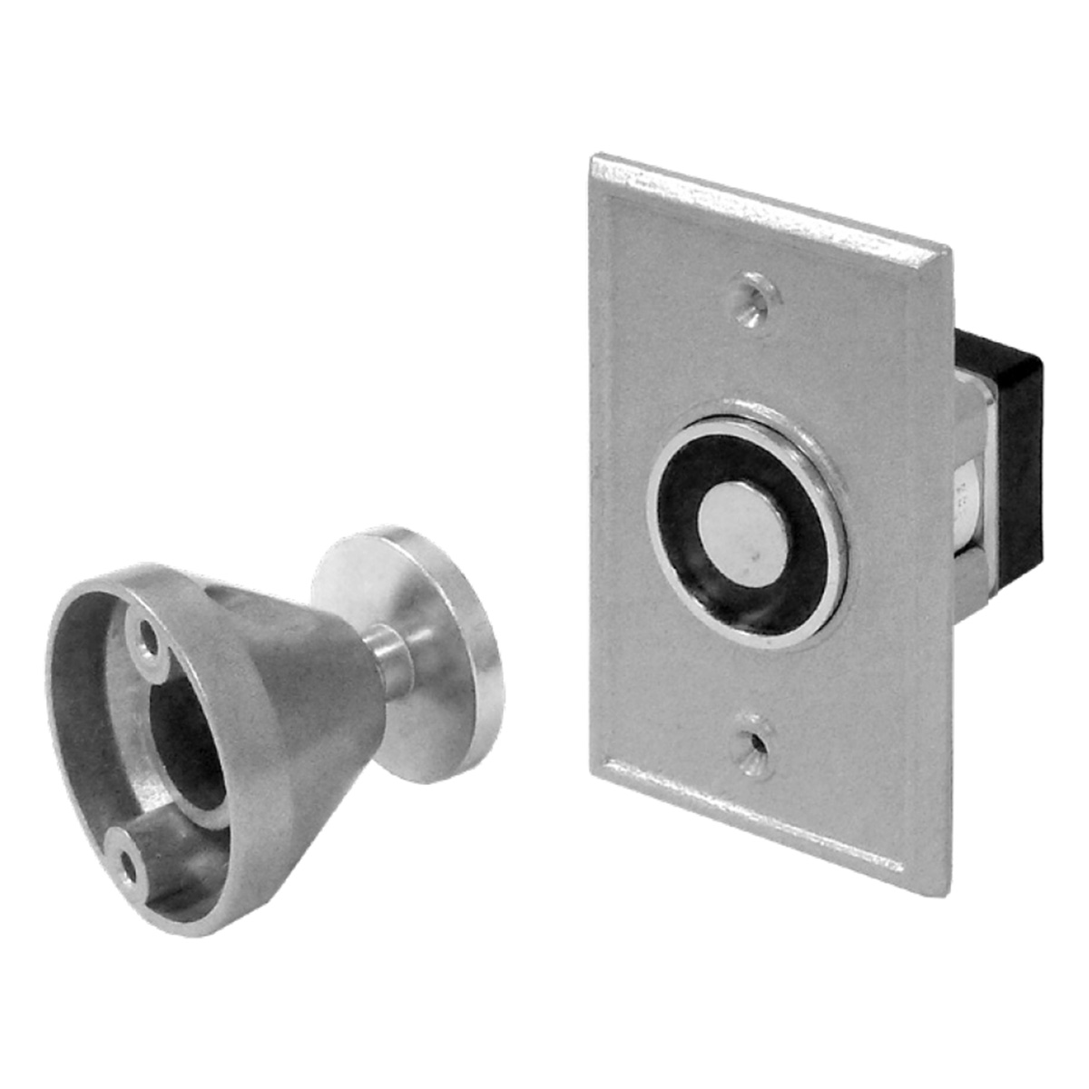 Metal door hardware with electromagnetic lock components displayed.