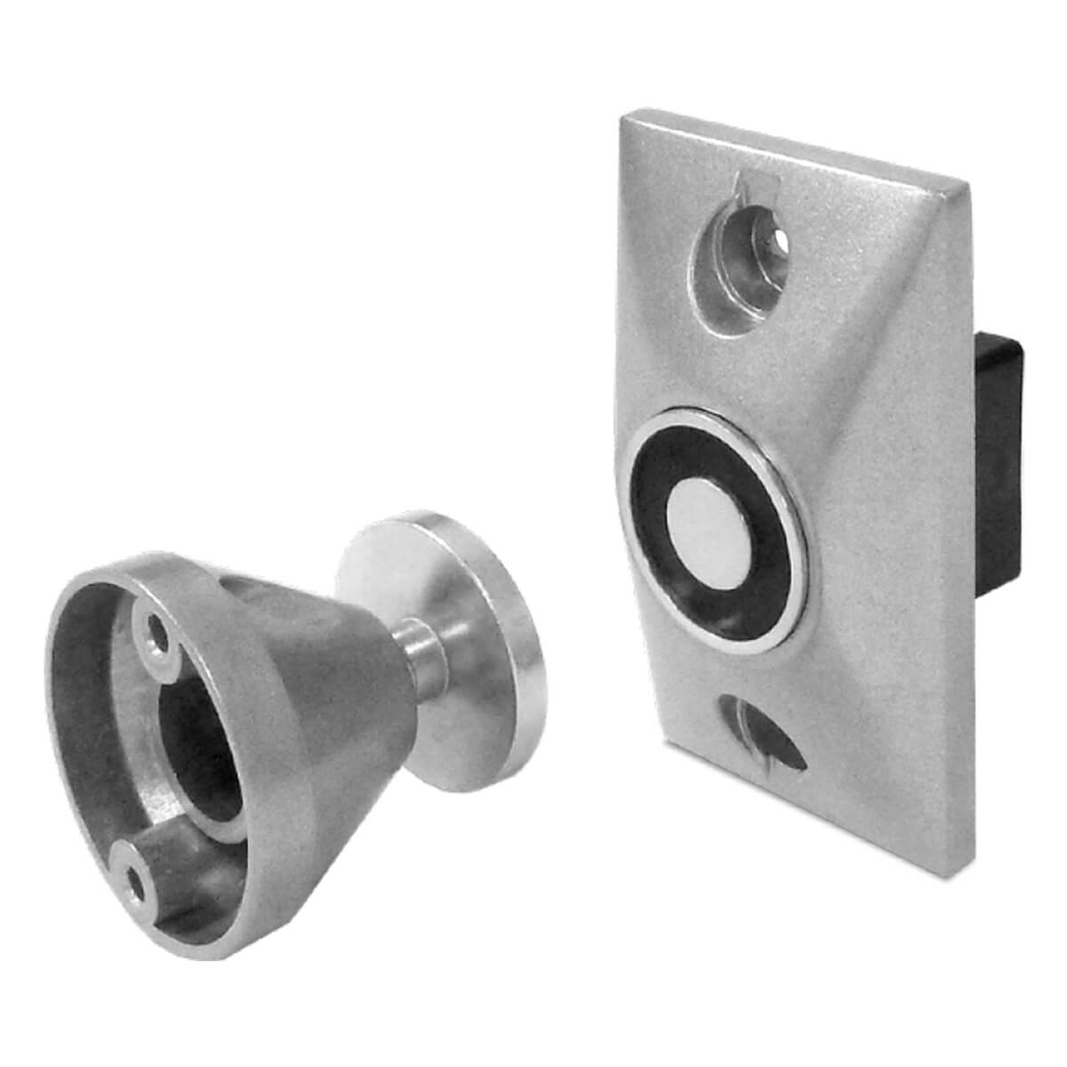 Metallic doorstop with magnetic catch mechanism.