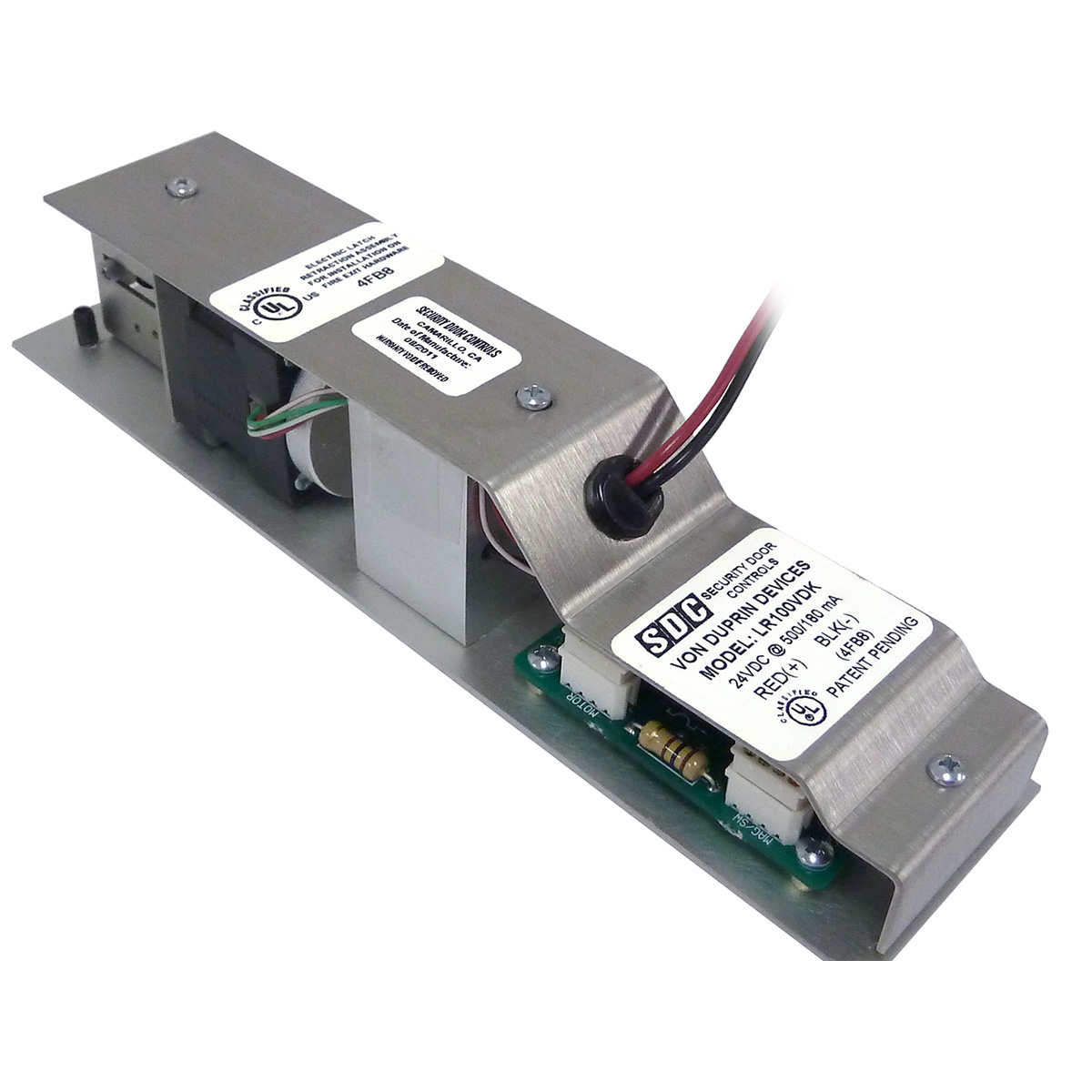 Rectangular electronic door latch with visible wiring.