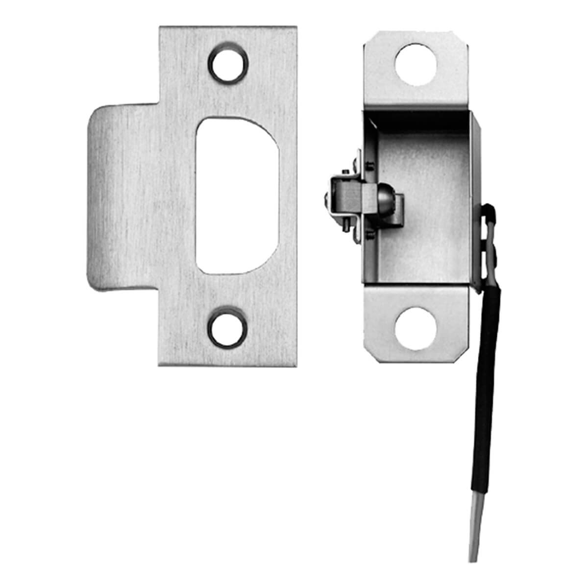 Stainless steel door latch with wiring visible.