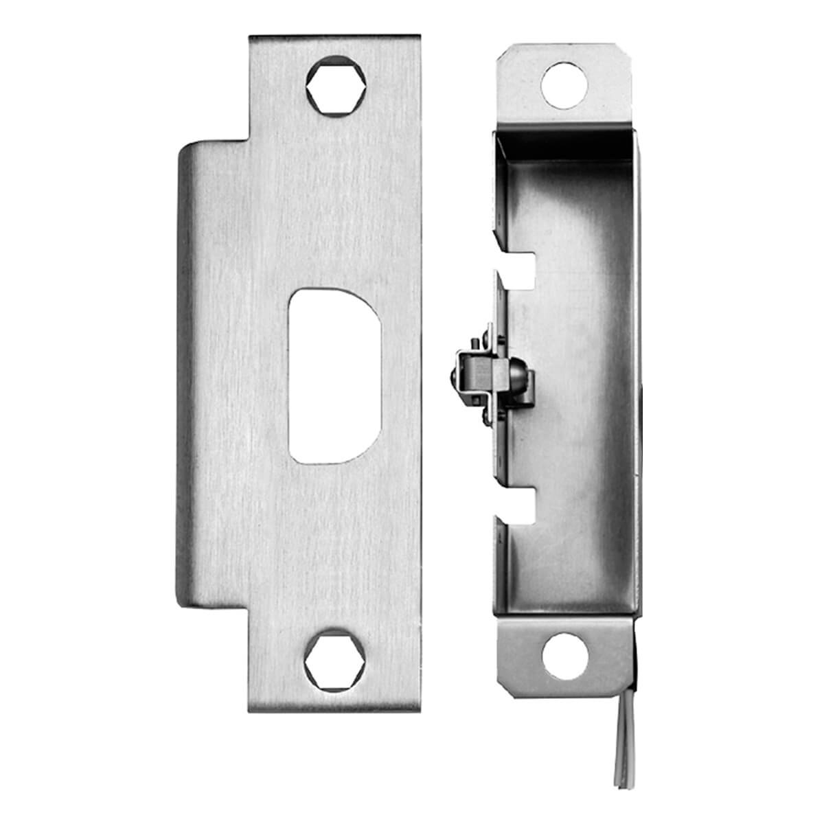 Metal door strike plate and latch assembly displayed.