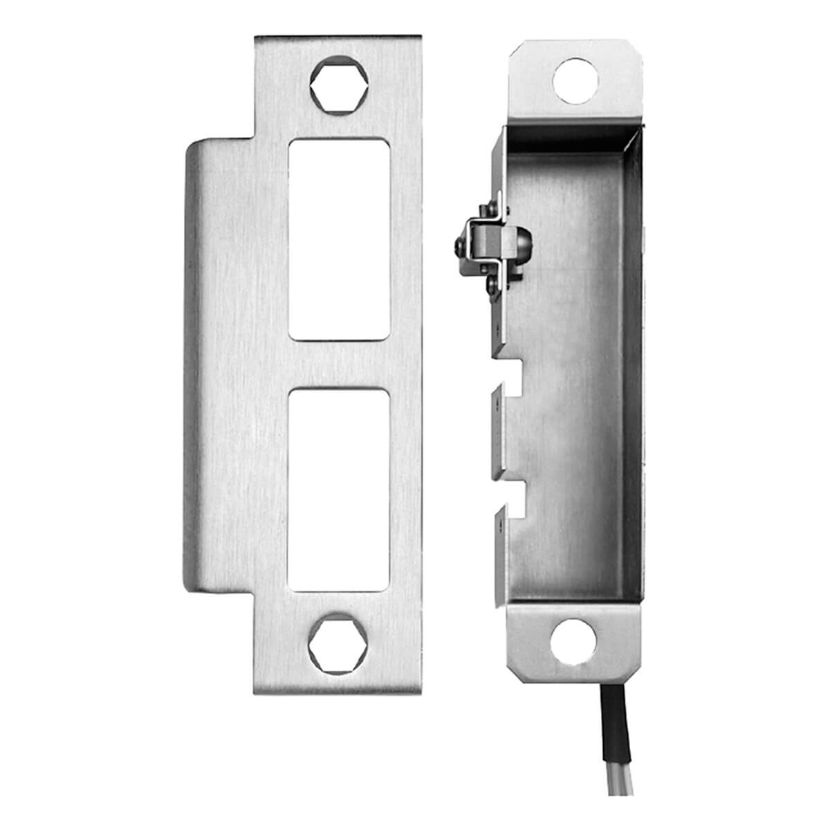 Metal door strike plate with an electric deadbolt.