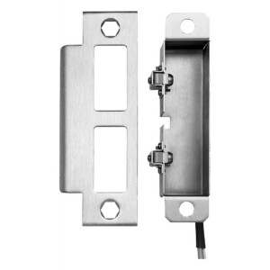 Steel door strike plate with cable attachment.
