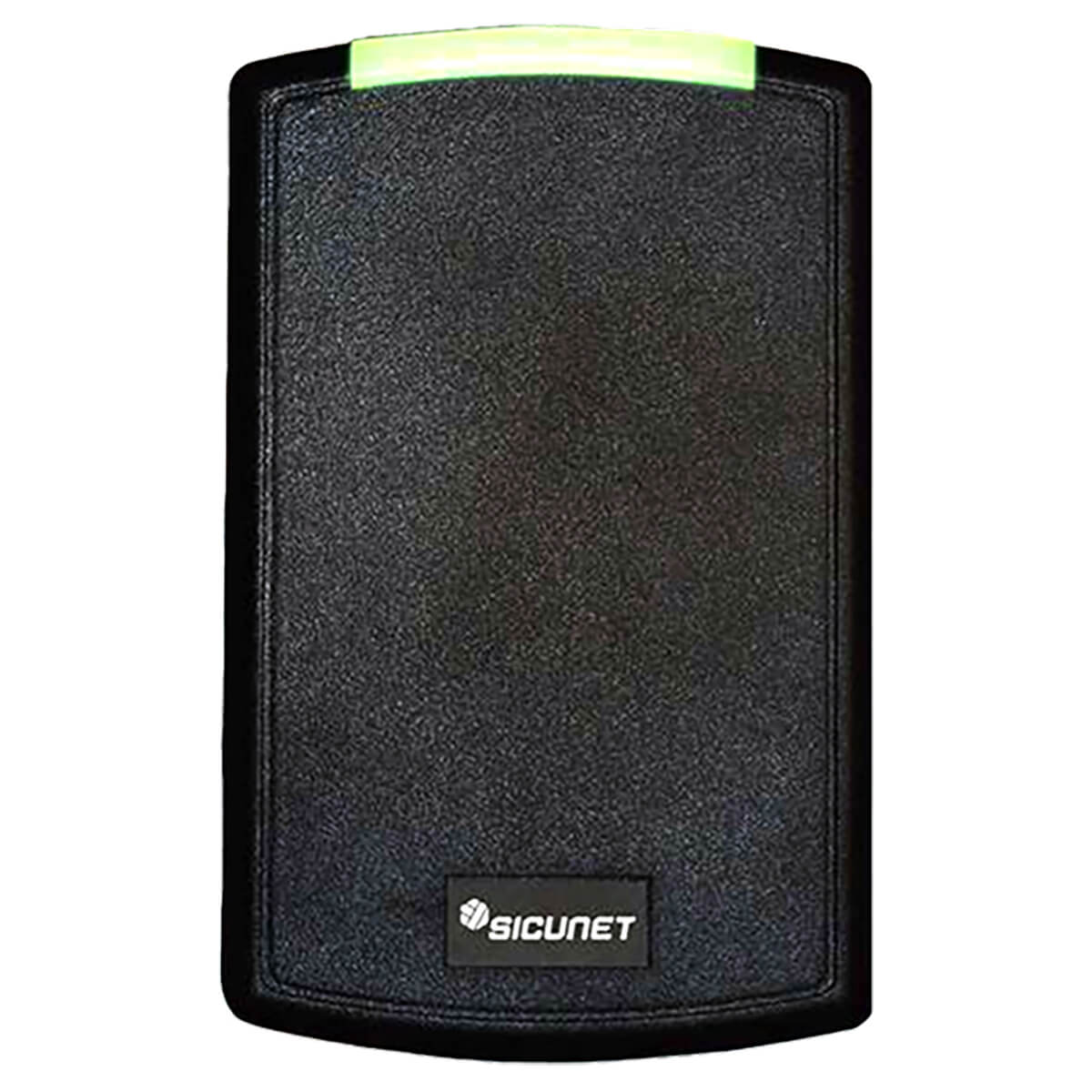 Black door security reader with green light indicator.