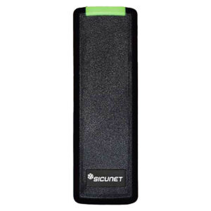 Black door access reader with green indicator light.