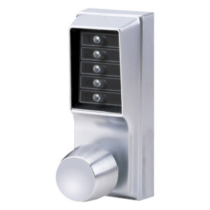Silver electronic door lock with numerical keypad.