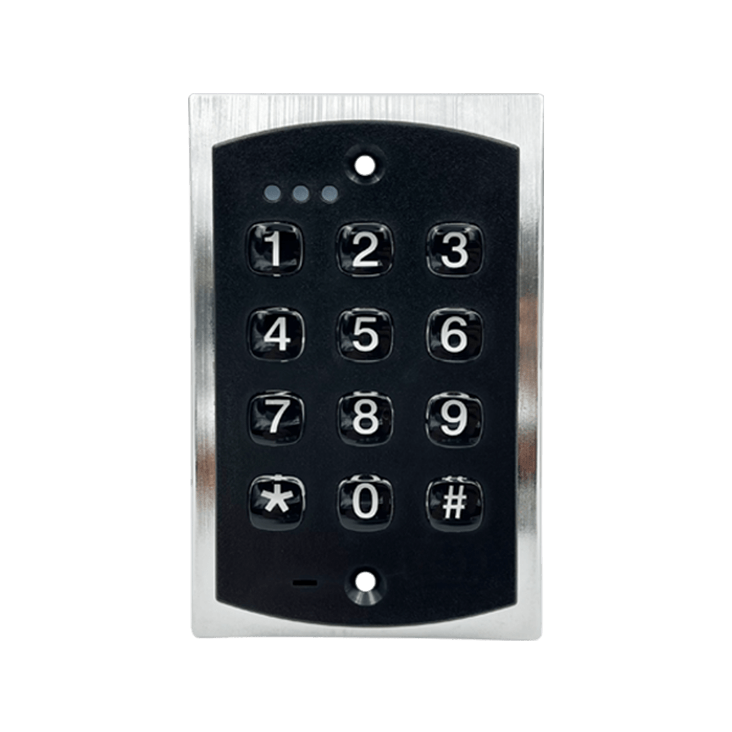 Close-up of a stainless steel keypad with black panel showing numeric buttons 1–9 and 0, * and #, mounted on a device boundary.