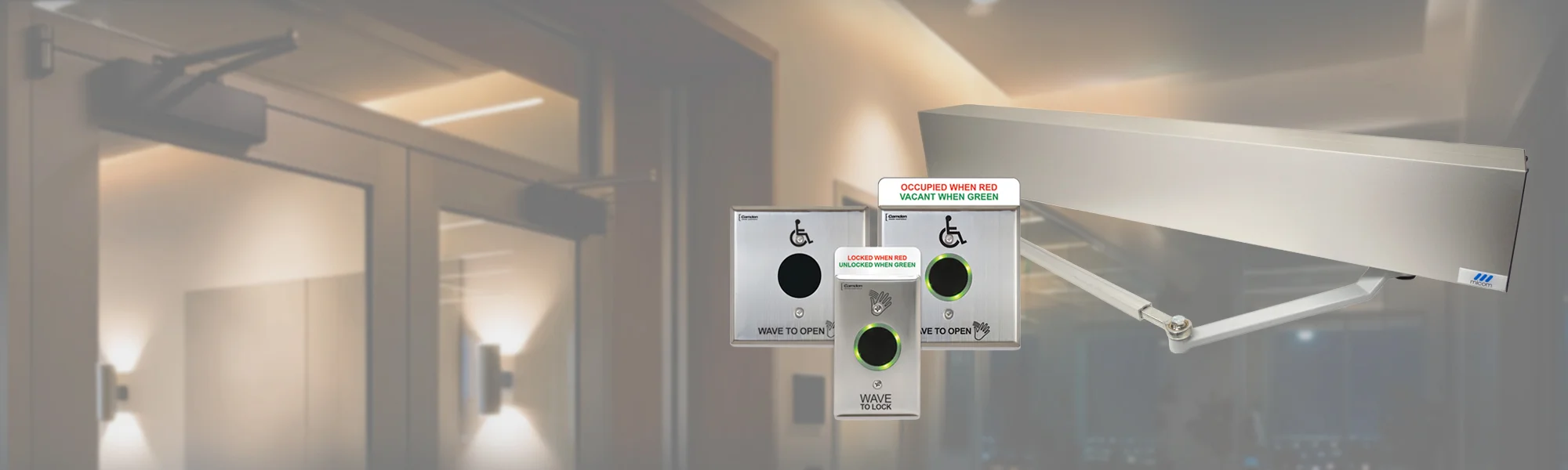 Automatic door with accessible wave-to-open sensors.