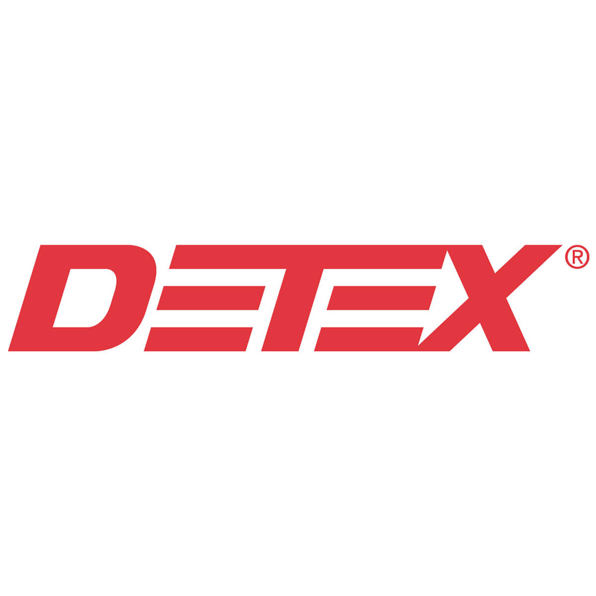 Red Detex logo with white background.