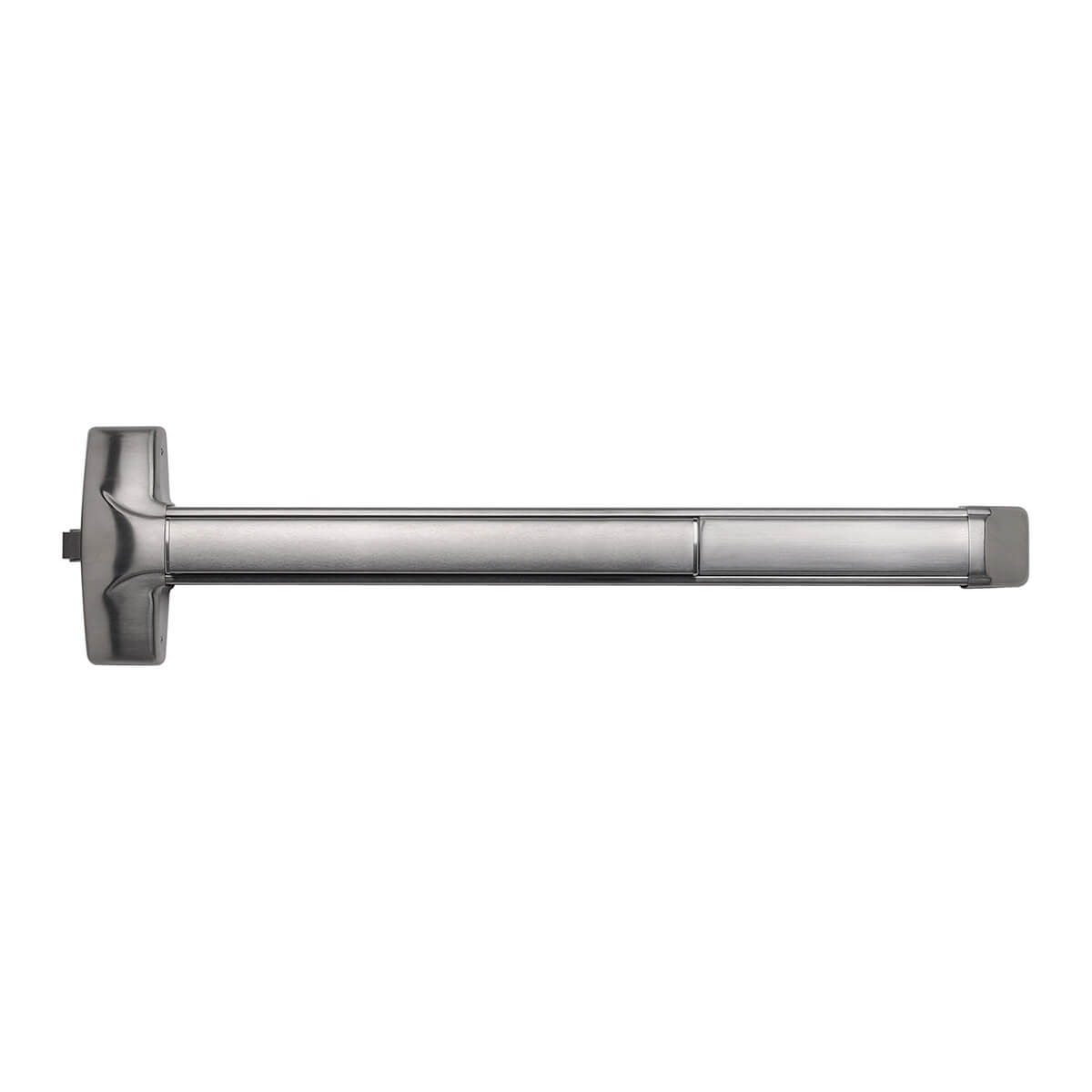 Silver door push bar for emergency exit doors.